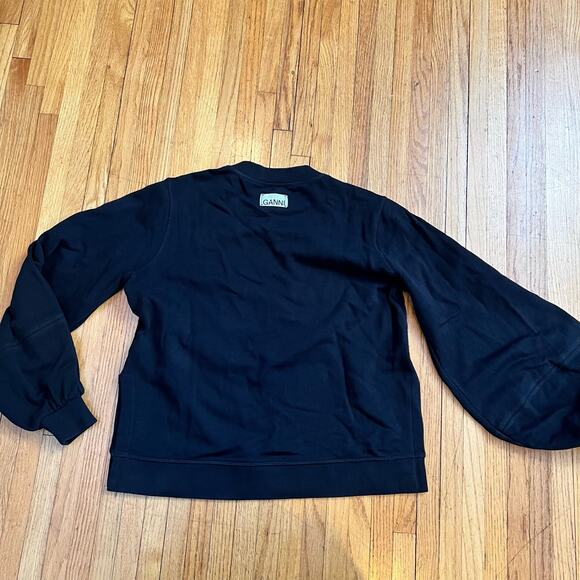Ganni Sweatshirt Womens Medium Puff Sleeve Split Hem Black Crew Sweater - Picture 2 of 10